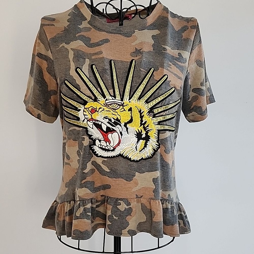 Melissa Masse Peplum Top Womens Medium Camo Tiger Embroidered Edgy Streetwear